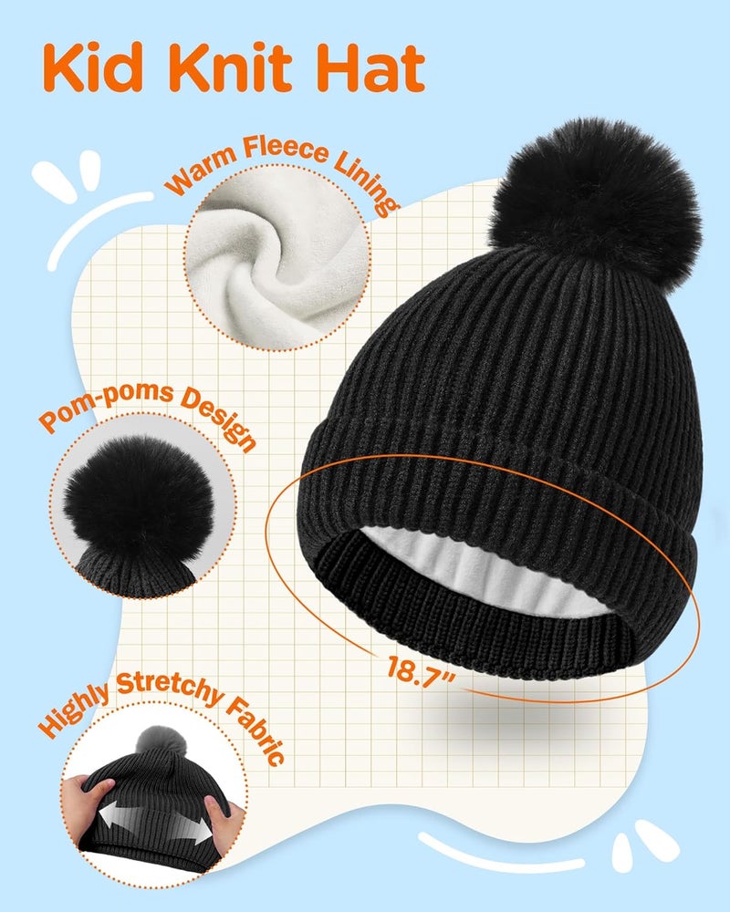 Wandx Kids Winter Hat Gloves Scarf Set Children Pompom Knit Beanie Warm Gloves with Thick Fleece for Boys Girls Ages 4-12 - Image 2